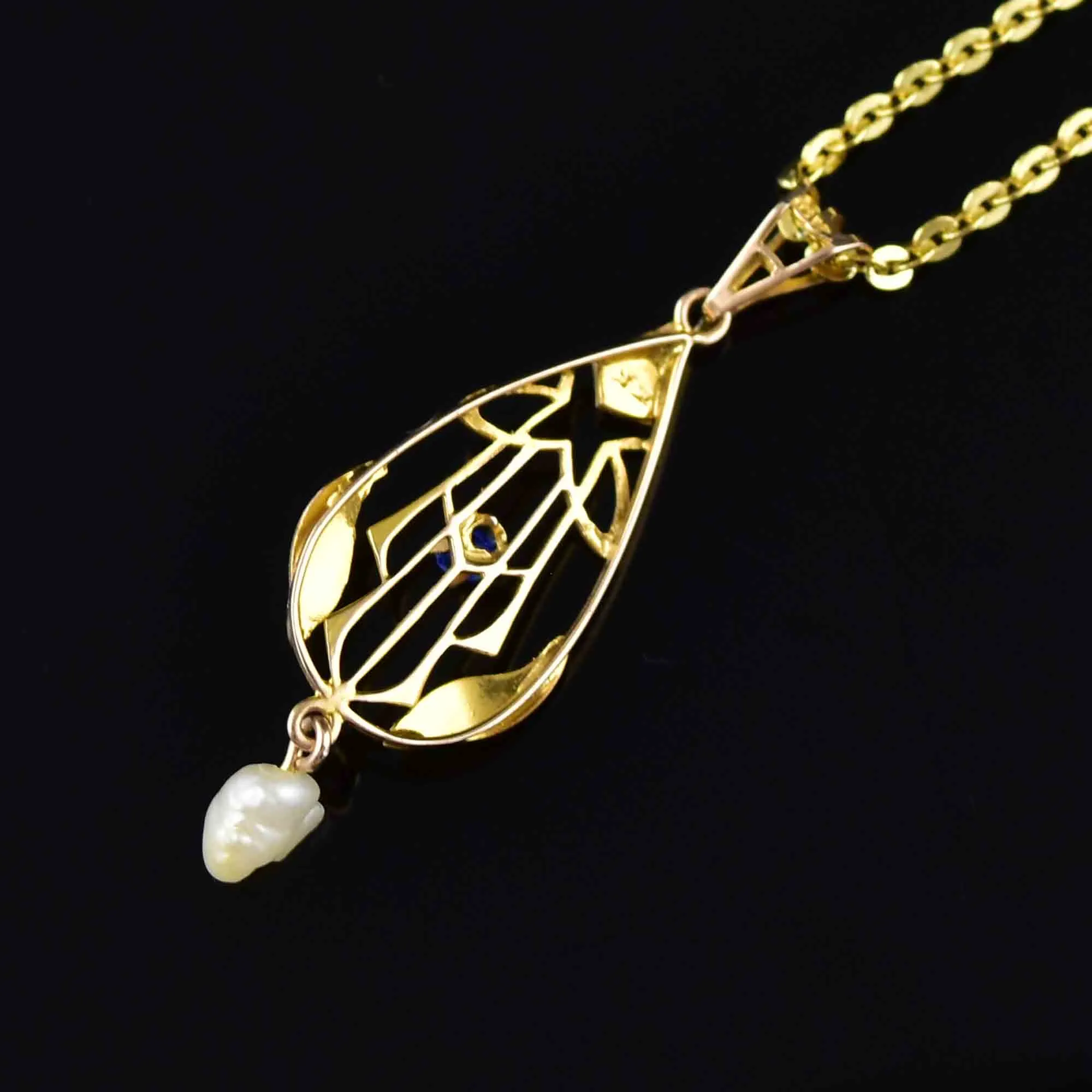 10K Gold Art Nouveau Pearl Sapphire Lavaliere Necklace