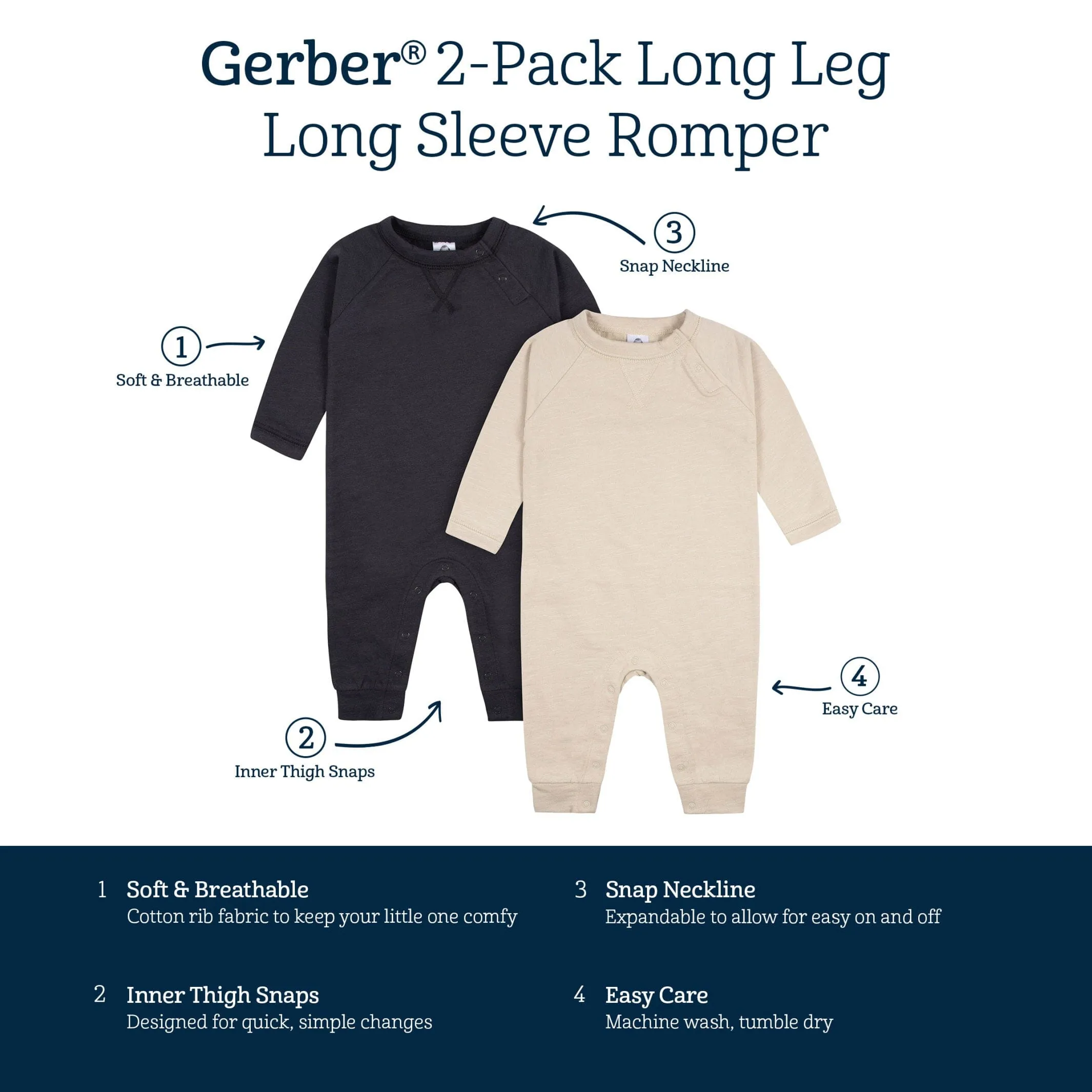 2-Pack Baby Boys Tan & Dark Gray Raglan Sleeve Romper