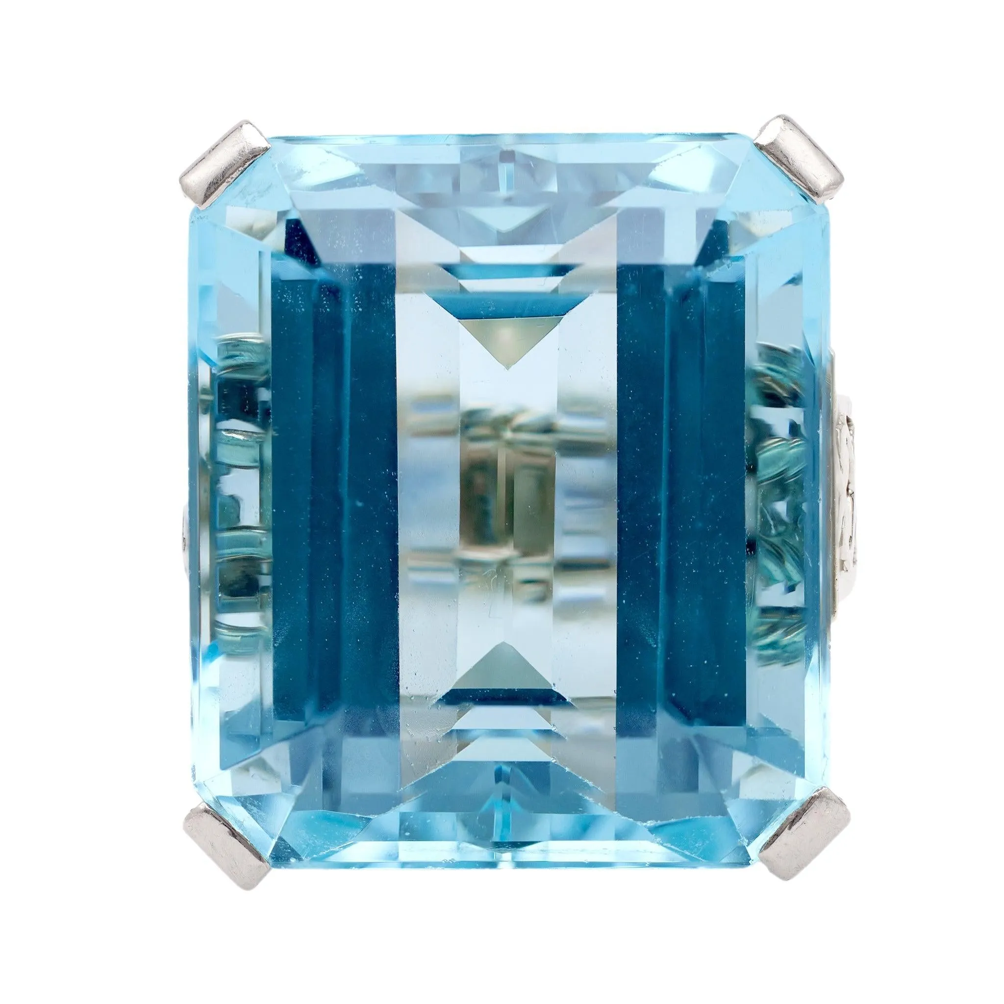 Art Deco French Aquamarine 18k White Gold Platinum Cocktail Ring