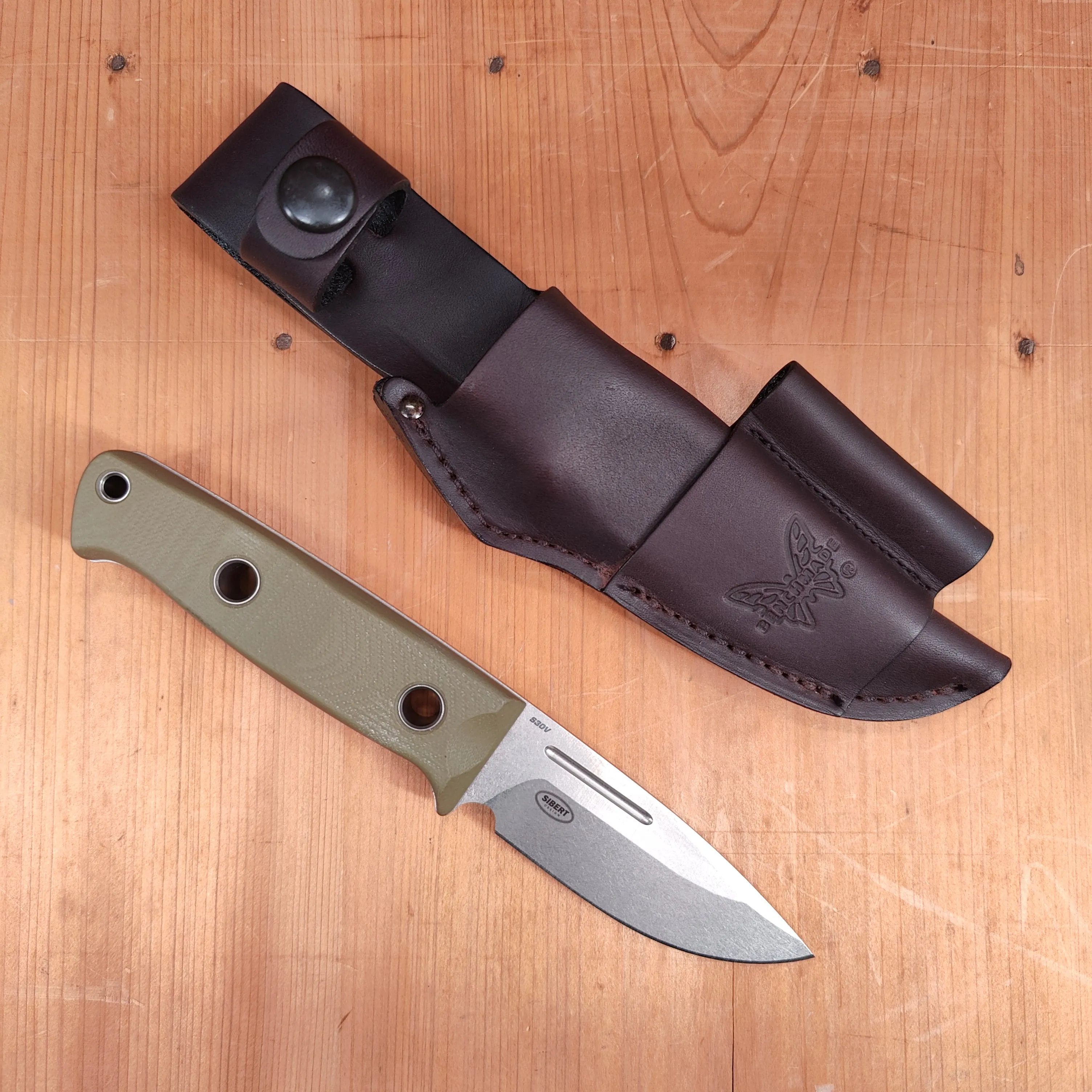 Benchmade 165-1 Mini Bushcrafter 3.4" Drop Point CPM-S30V Fixed Blade OD Green G10 Handle with Leather Sheath