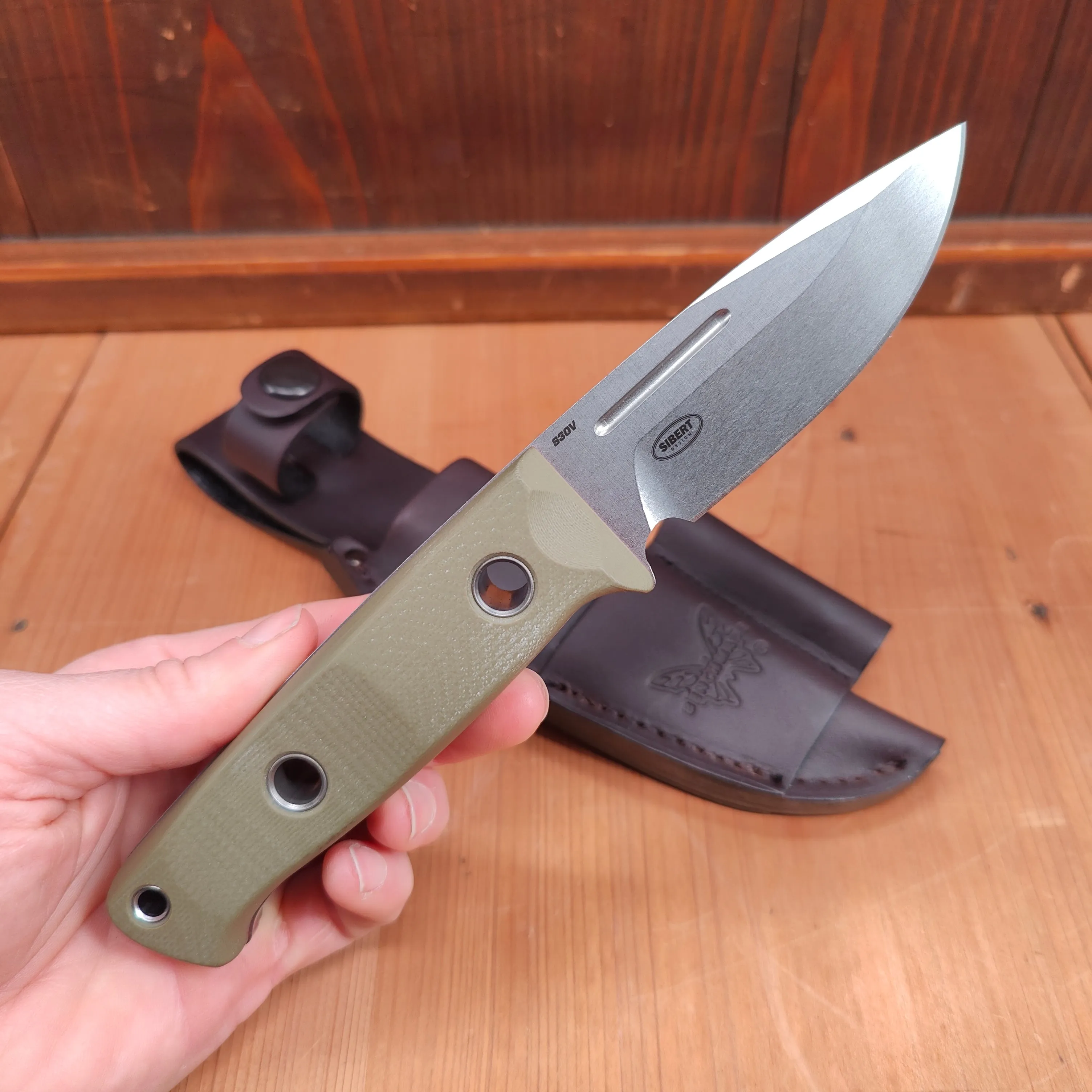 Benchmade 165-1 Mini Bushcrafter 3.4" Drop Point CPM-S30V Fixed Blade OD Green G10 Handle with Leather Sheath