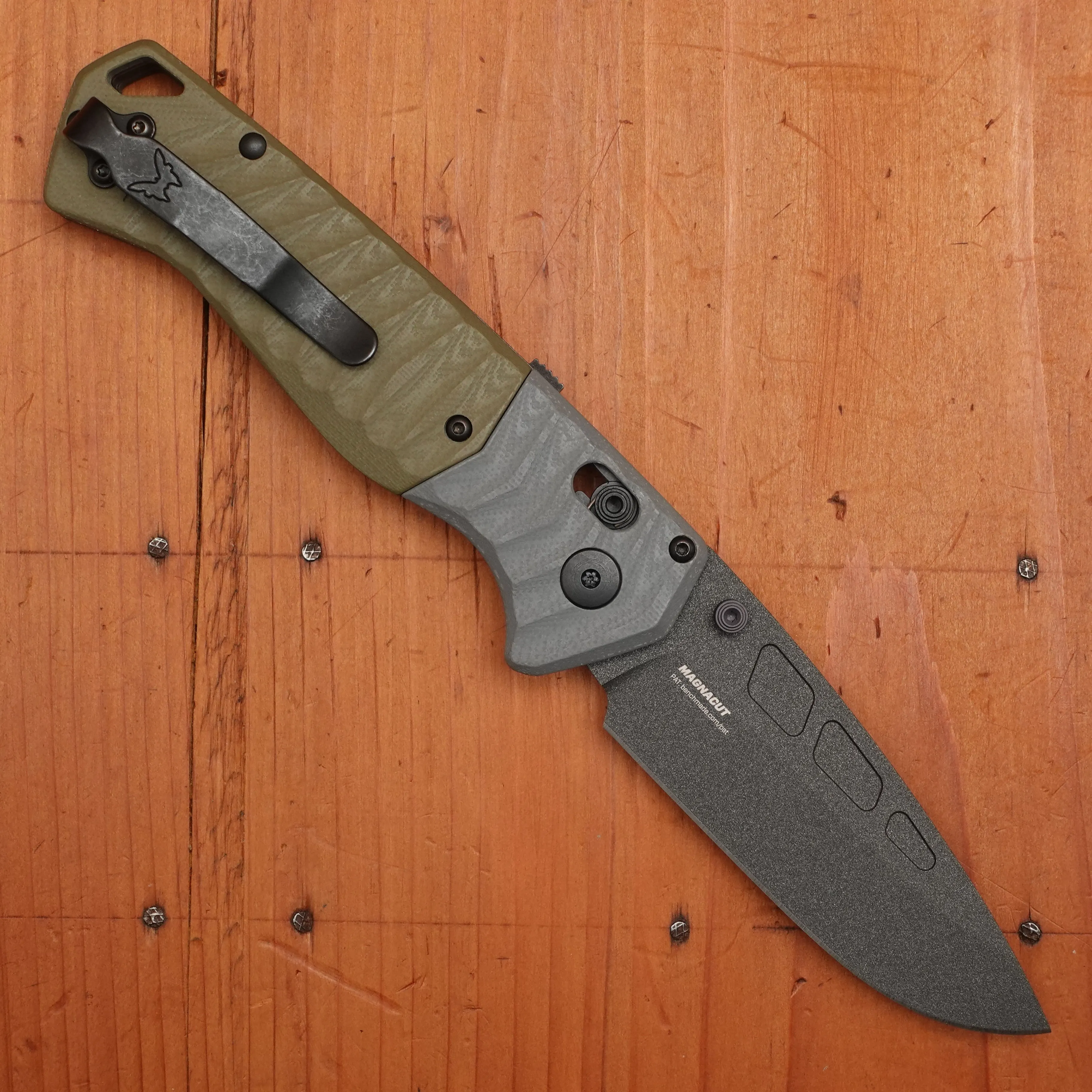 Benchmade 593BK PSK Drop Point MagnaCut AXIS Assist Gray & OD Green Handle