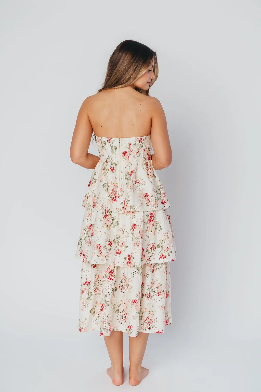 Britney Eyelet Midi Dress in Natural Floral