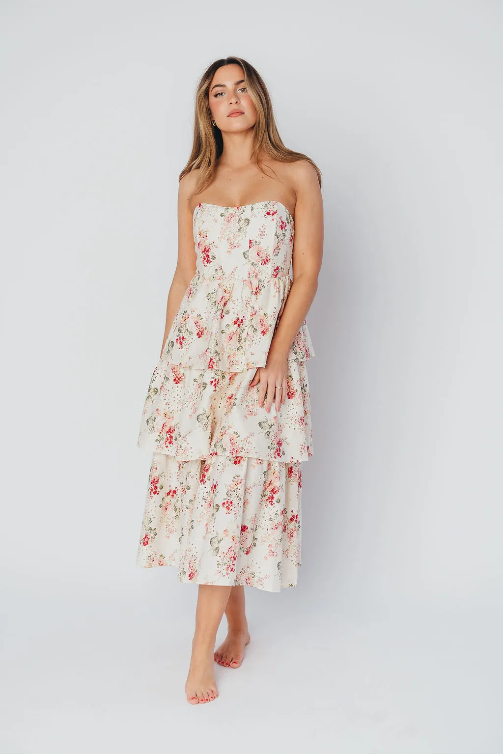 Britney Eyelet Midi Dress in Natural Floral