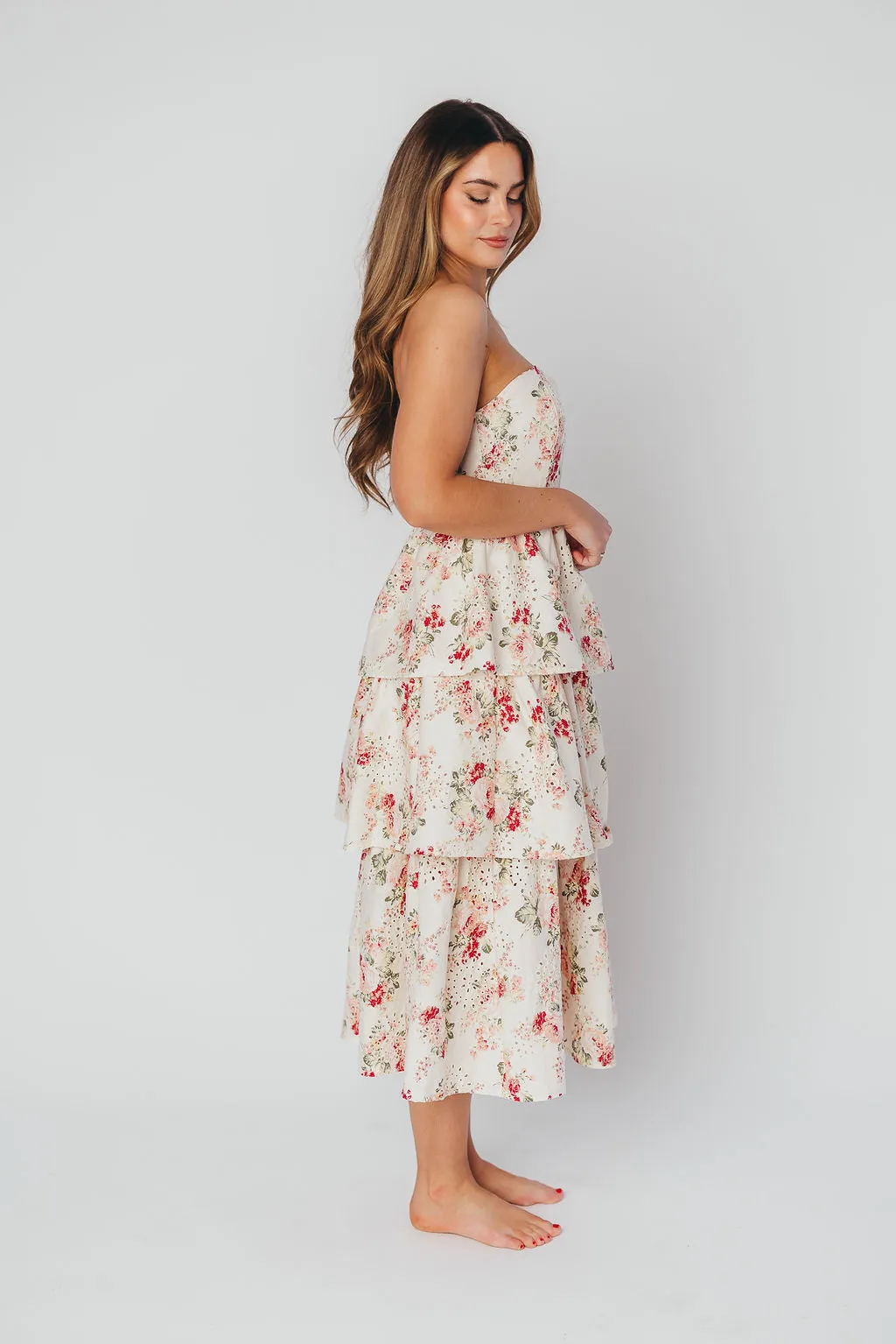 Britney Eyelet Midi Dress in Natural Floral