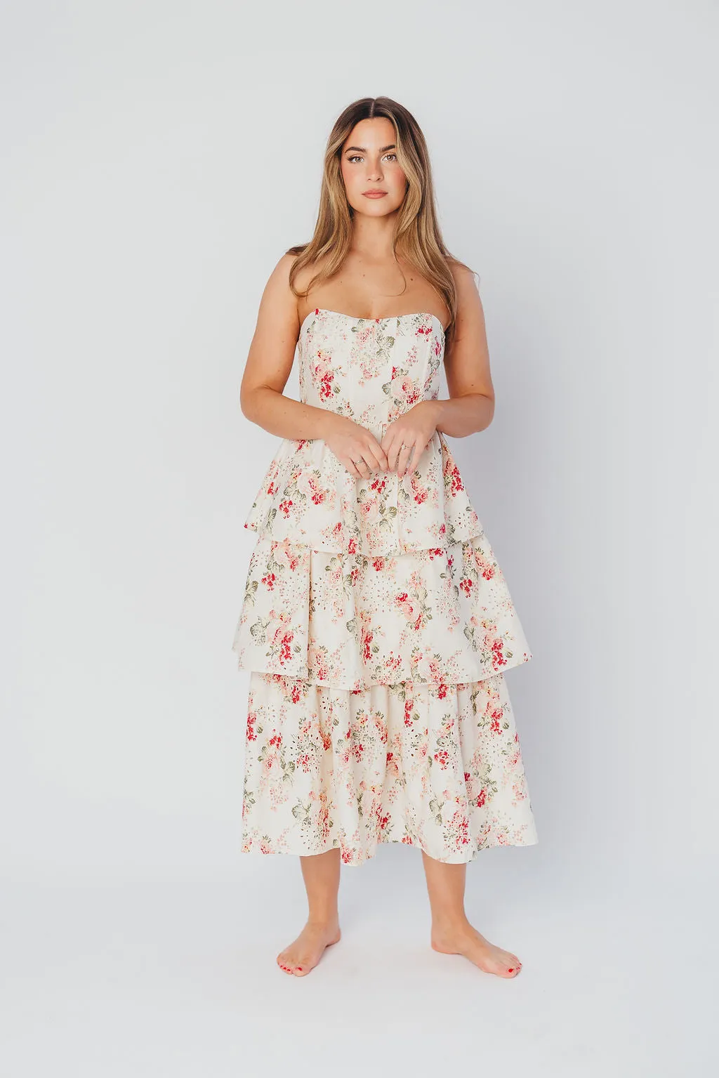 Britney Eyelet Midi Dress in Natural Floral