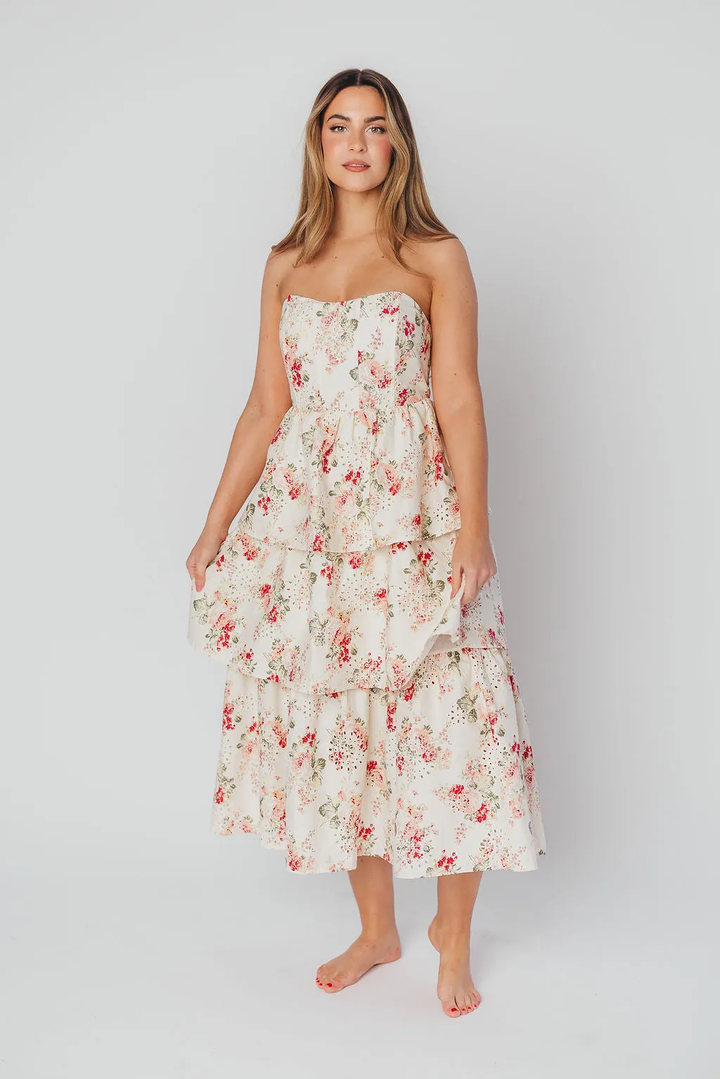 Britney Eyelet Midi Dress in Natural Floral