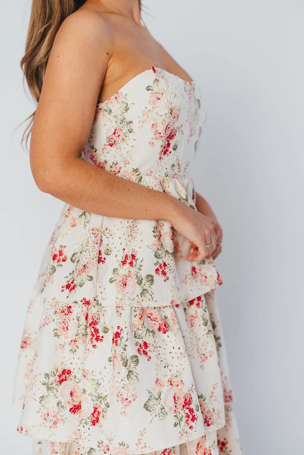 Britney Eyelet Midi Dress in Natural Floral