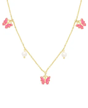 Butterfly and Freshwater Pearl Charms Necklace (Pink)