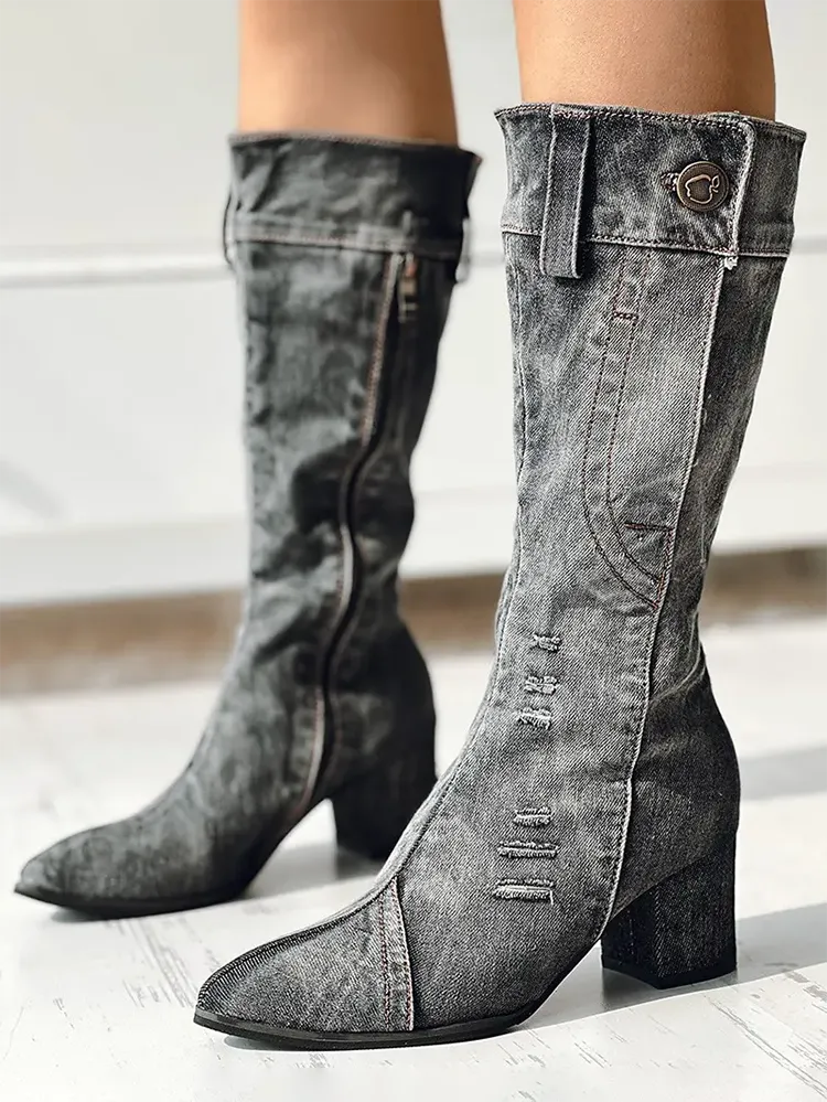 Chunky Heel Denim Boots