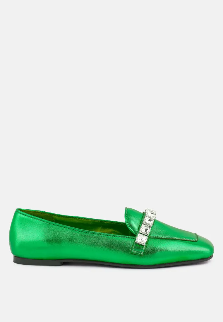 Churros Green Metallic Diamante Leather Loafers By Ruw