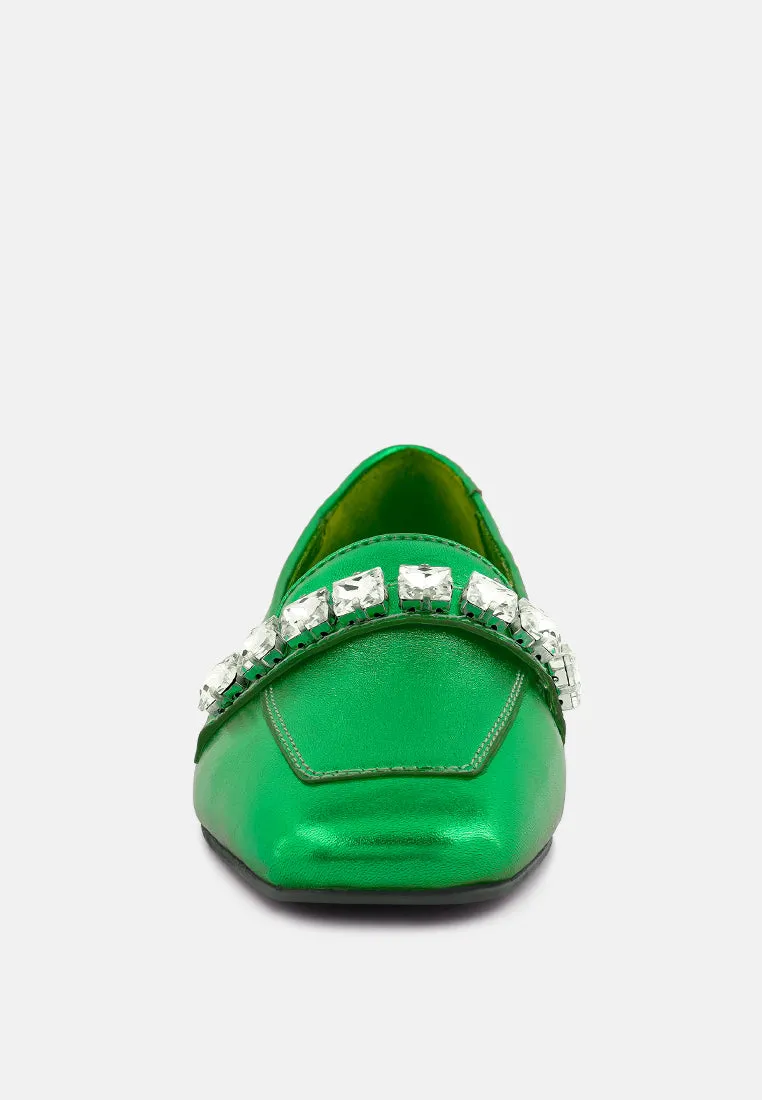 Churros Green Metallic Diamante Leather Loafers By Ruw