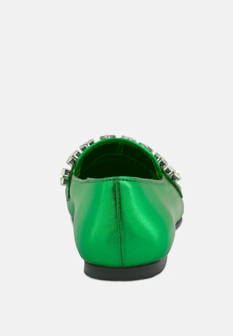 Churros Green Metallic Diamante Leather Loafers By Ruw