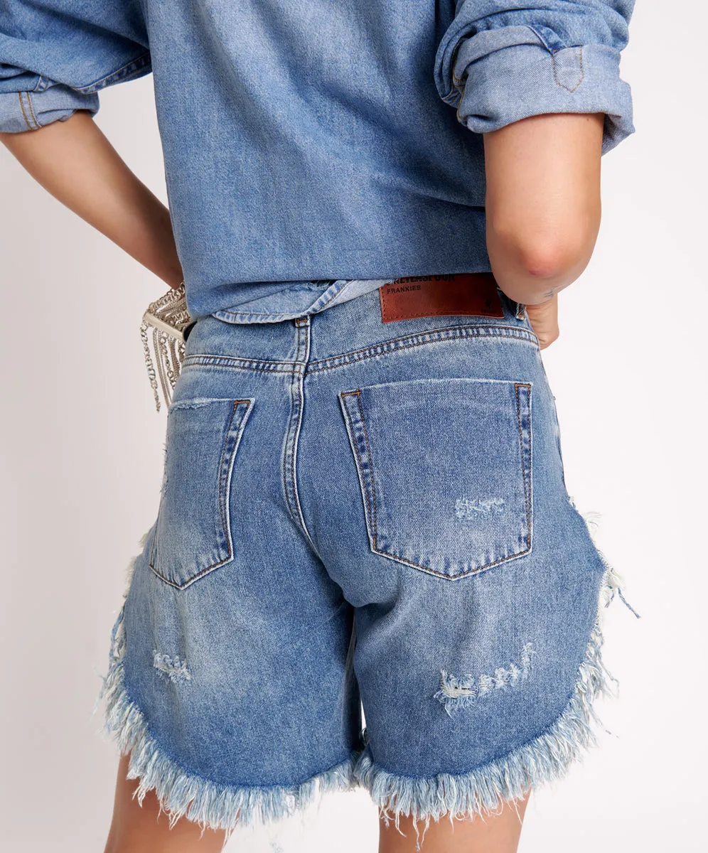 COBAINE FRANKIES HIGH WAIST LONG LENGTH DENIM SHORTS