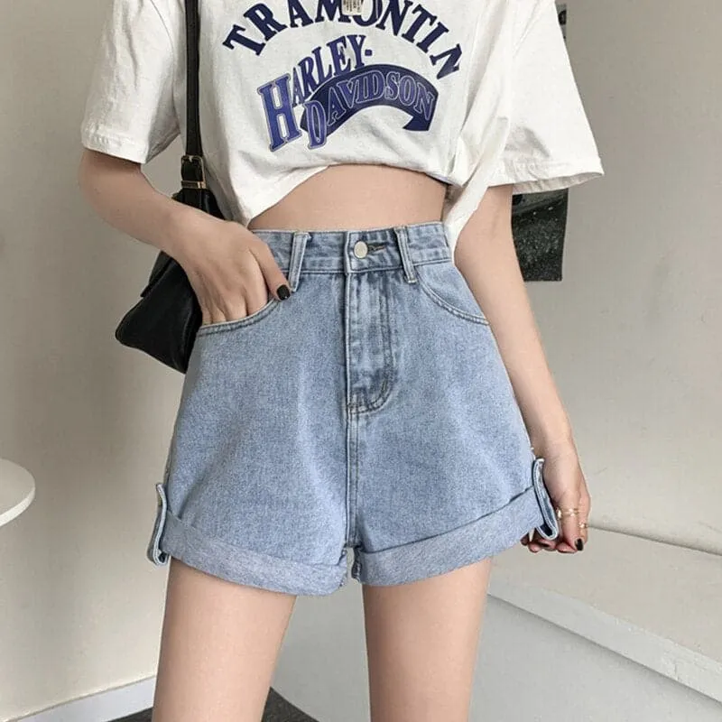 DressBetty - High Waist Loose Retro Blue Denim Shorts Jeans