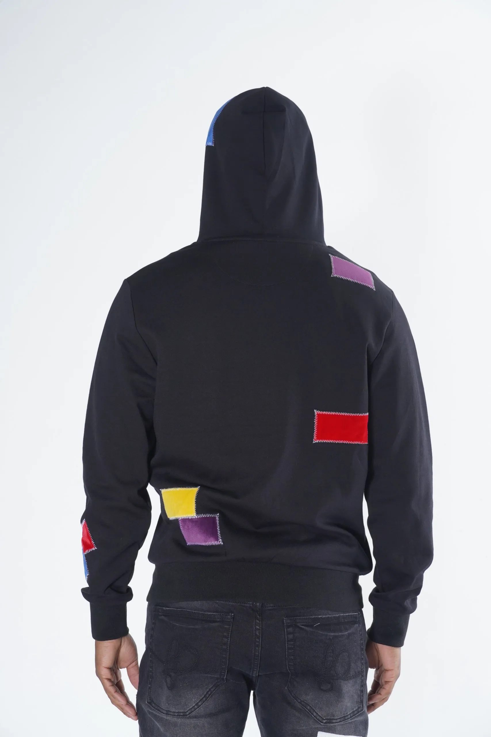 F5715 Frost Patchwork Zip Up Hoodie -  Black