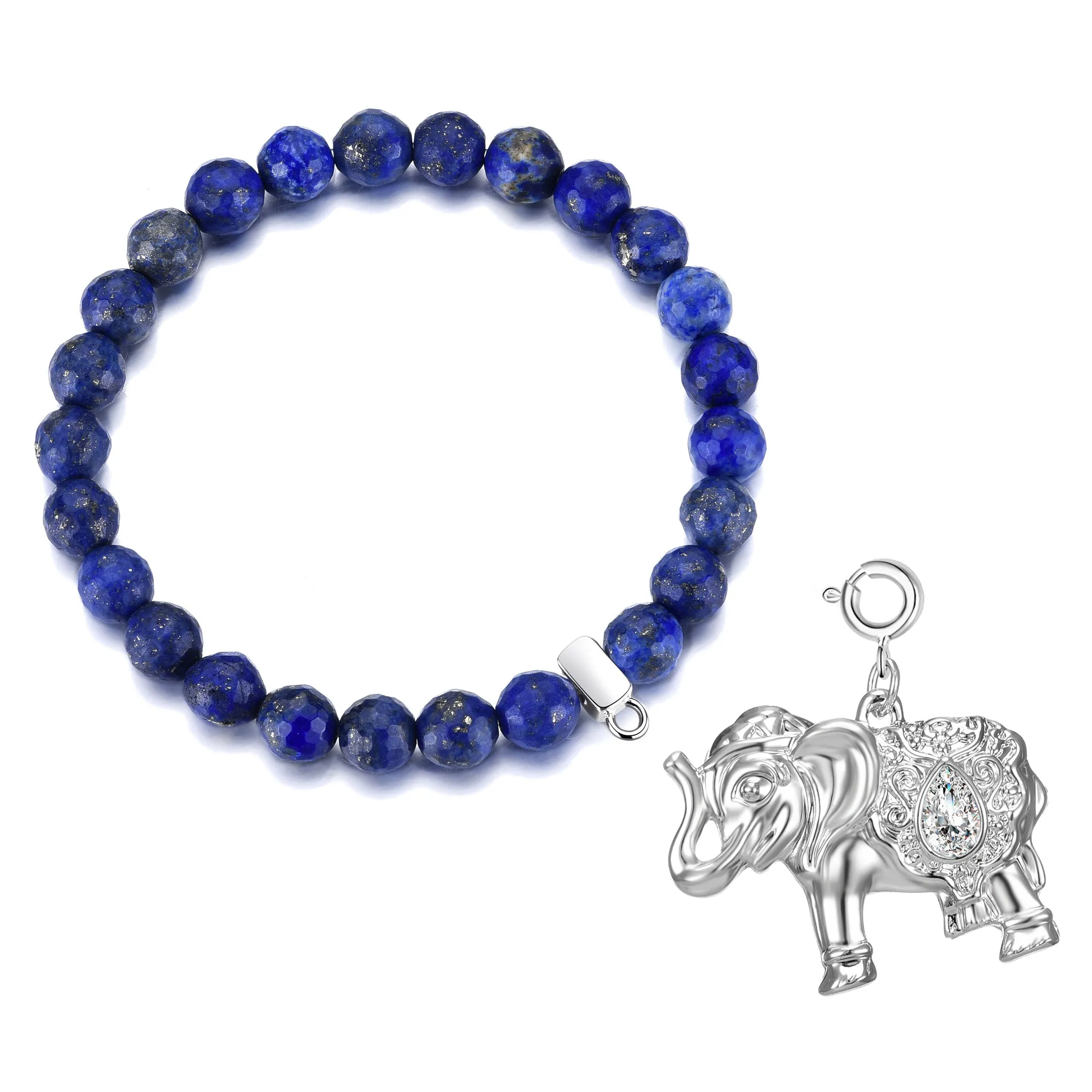 Faceted Lapis Gemstone Stretch Bracelet with Charm Created with Zircondia® Crystals