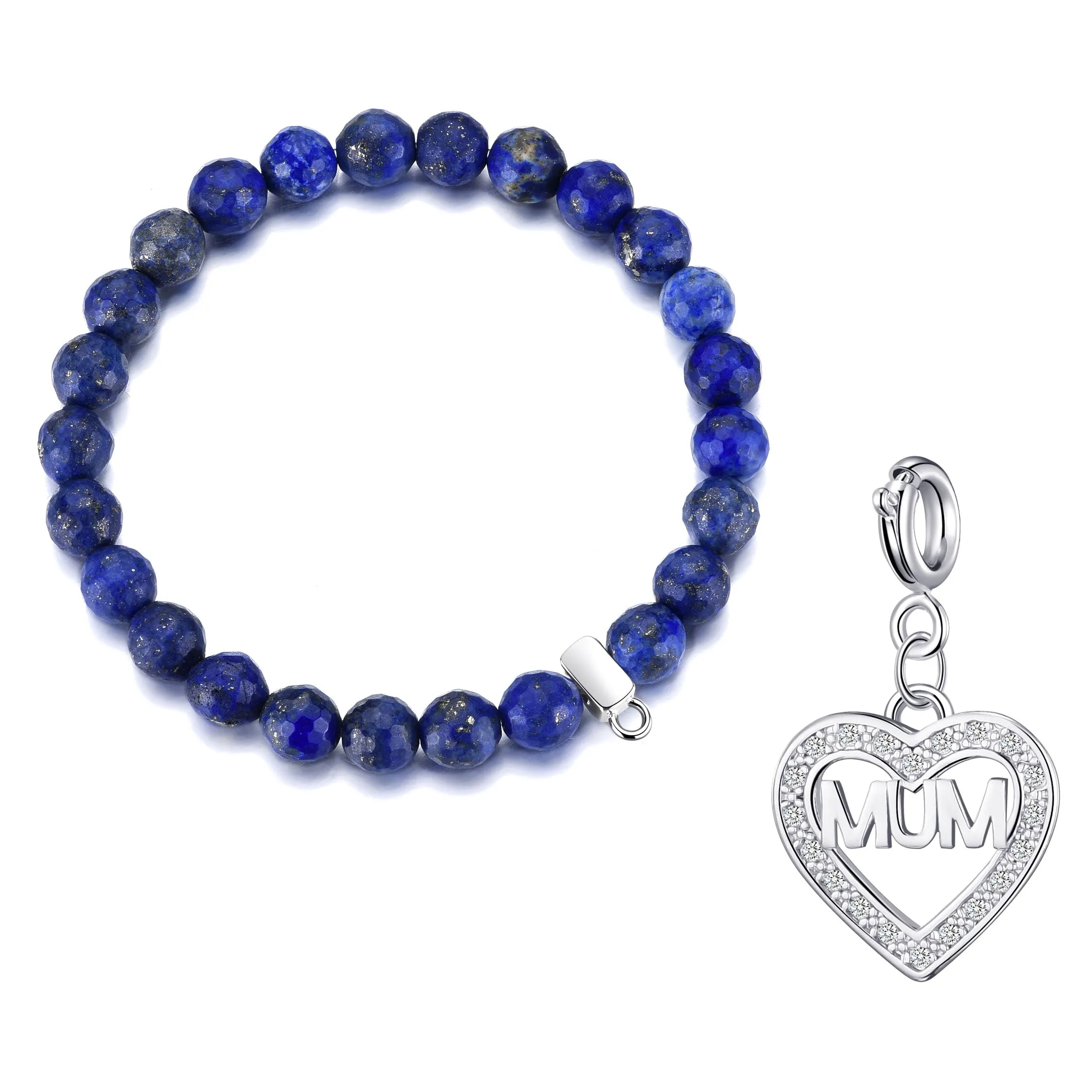 Faceted Lapis Gemstone Stretch Bracelet with Charm Created with Zircondia® Crystals