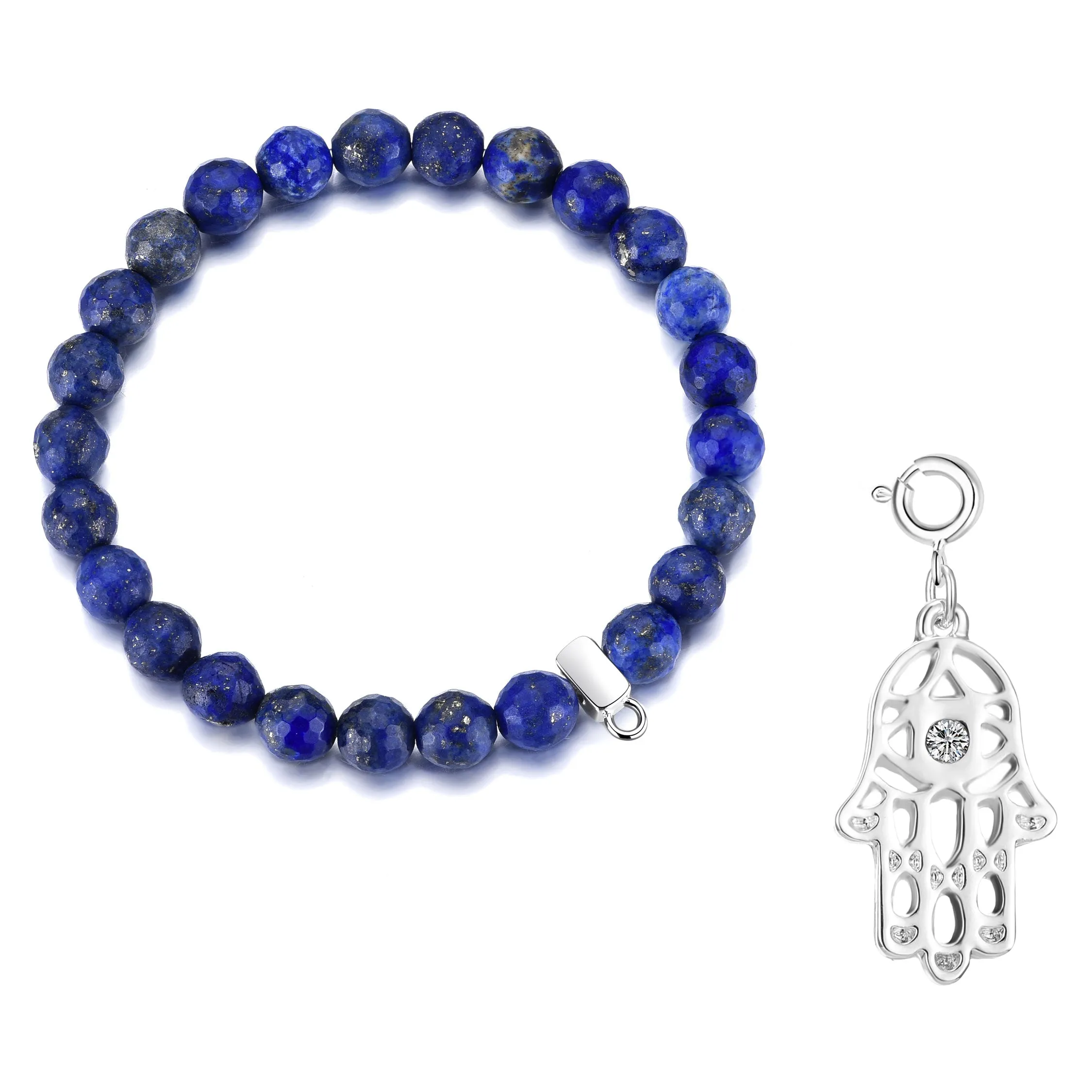 Faceted Lapis Gemstone Stretch Bracelet with Charm Created with Zircondia® Crystals