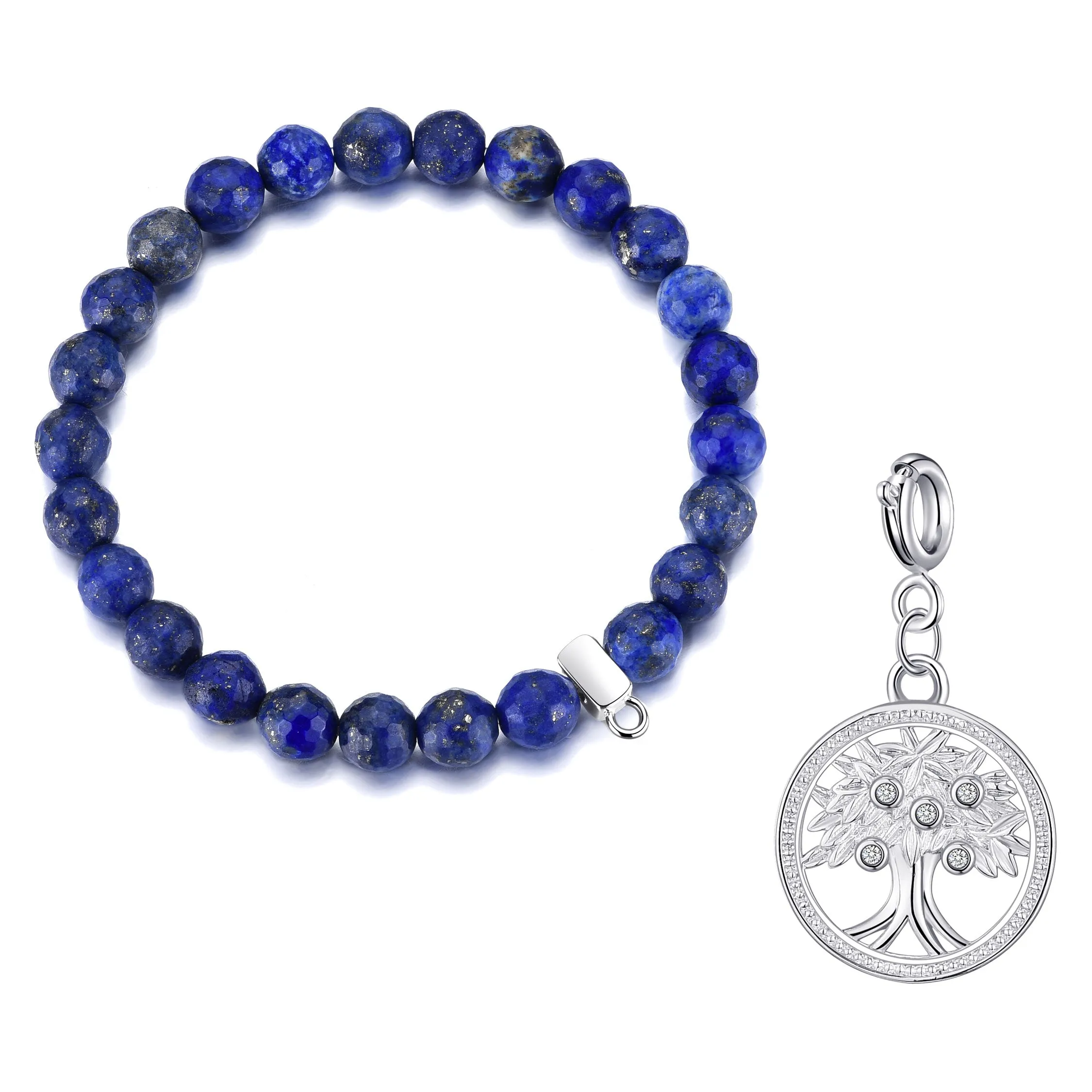 Faceted Lapis Gemstone Stretch Bracelet with Charm Created with Zircondia® Crystals