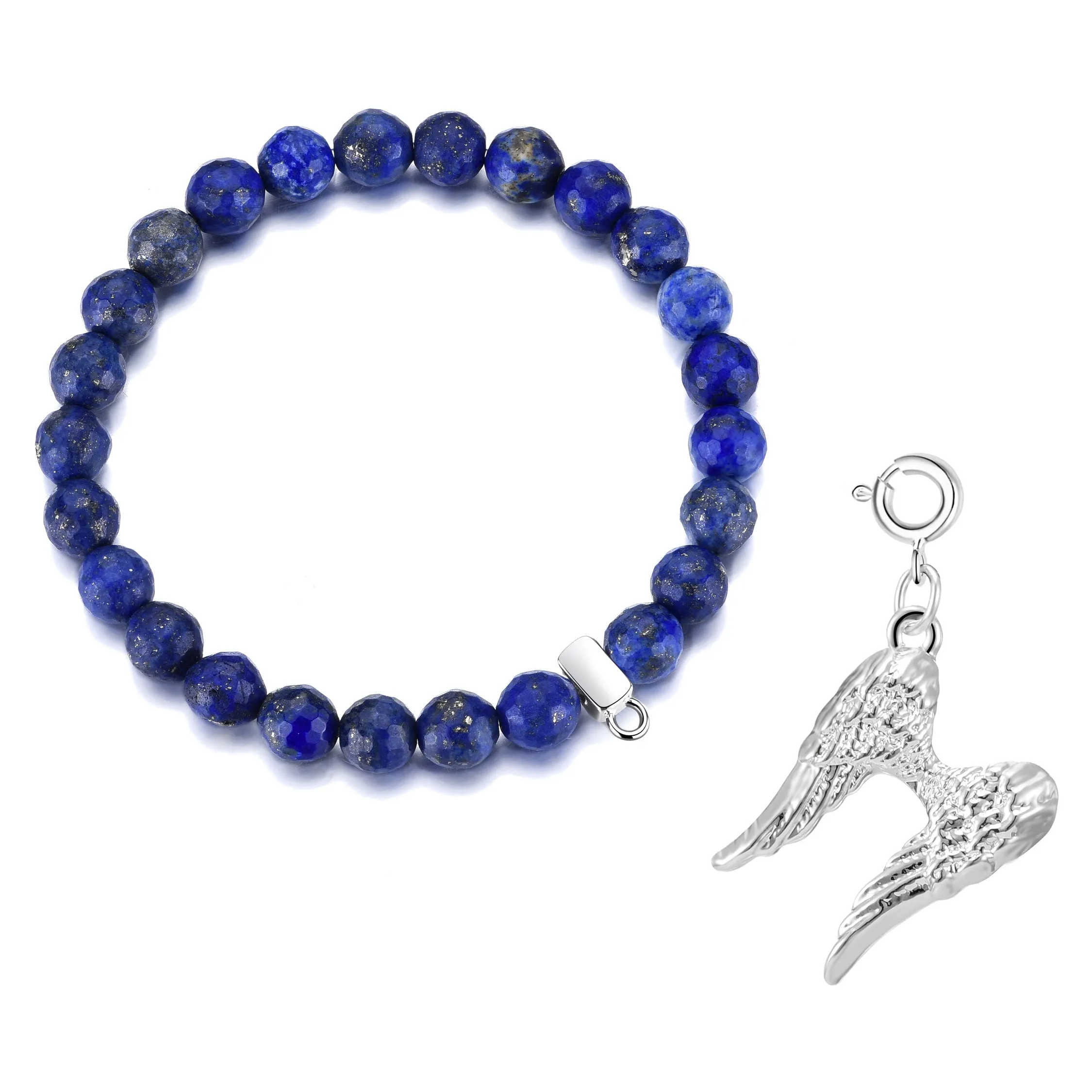 Faceted Lapis Gemstone Stretch Bracelet with Charm Created with Zircondia® Crystals