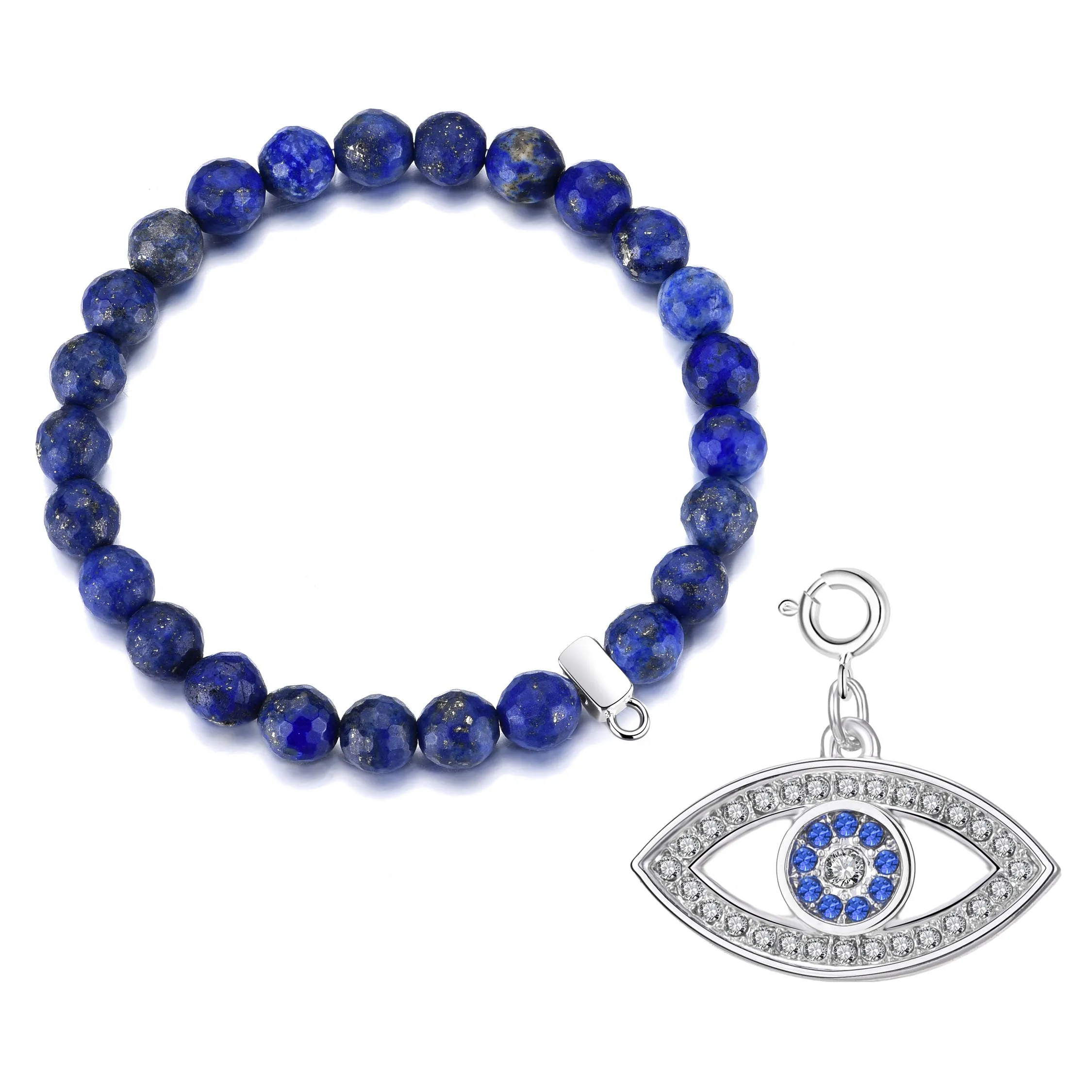 Faceted Lapis Gemstone Stretch Bracelet with Charm Created with Zircondia® Crystals