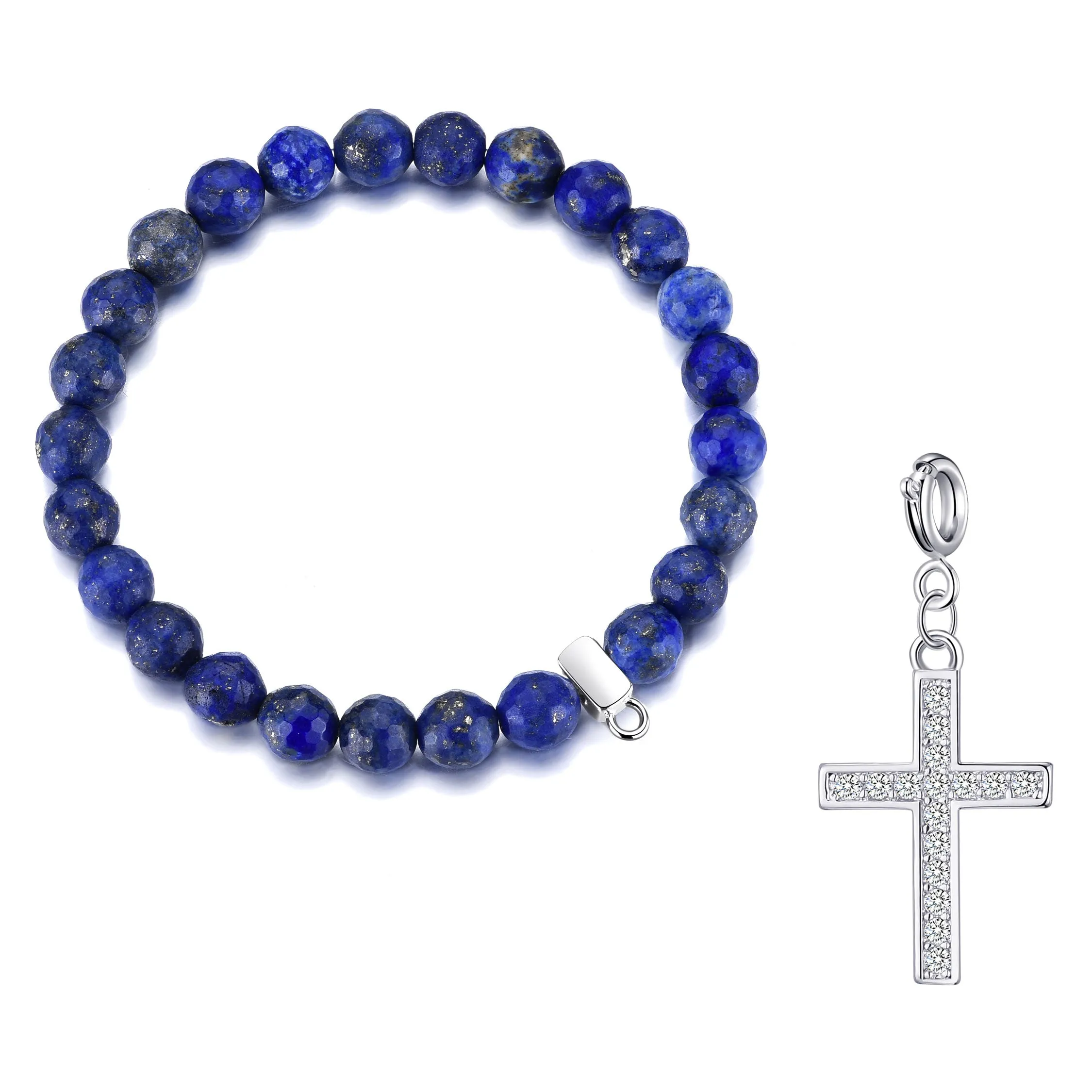 Faceted Lapis Gemstone Stretch Bracelet with Charm Created with Zircondia® Crystals