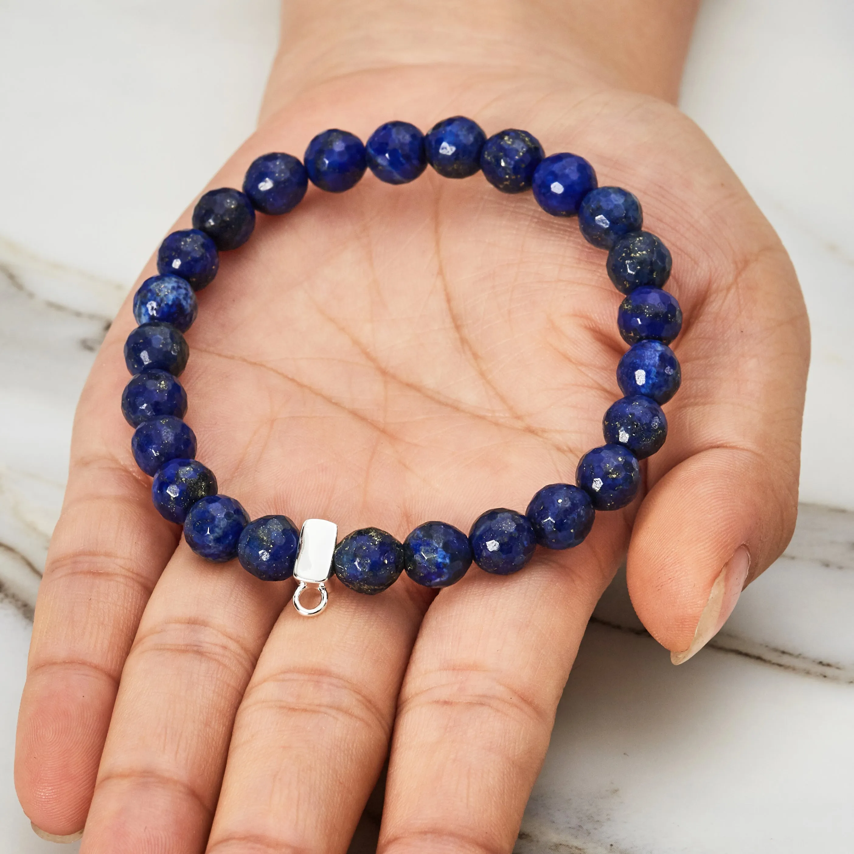 Faceted Lapis Gemstone Stretch Bracelet with Charm Created with Zircondia® Crystals