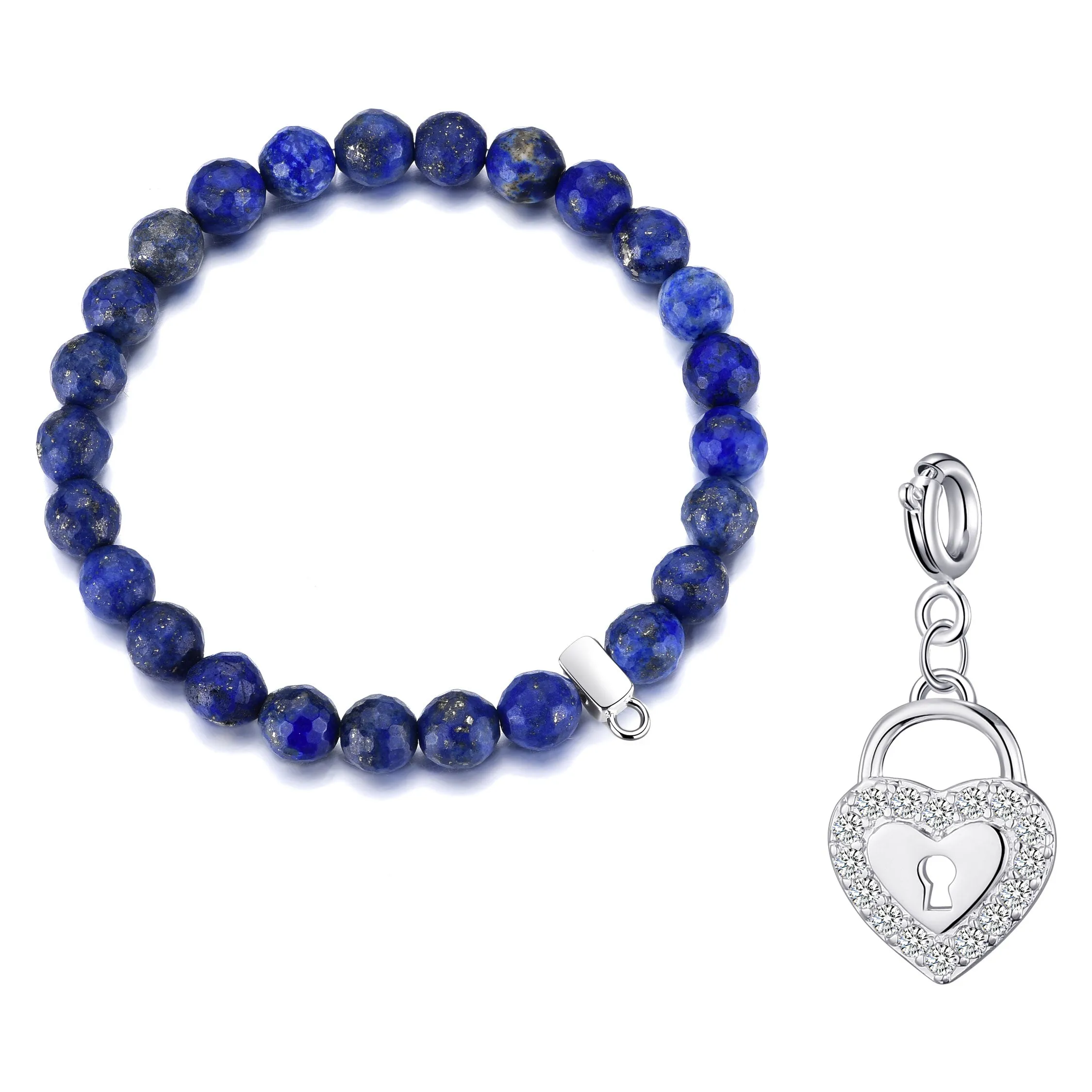 Faceted Lapis Gemstone Stretch Bracelet with Charm Created with Zircondia® Crystals