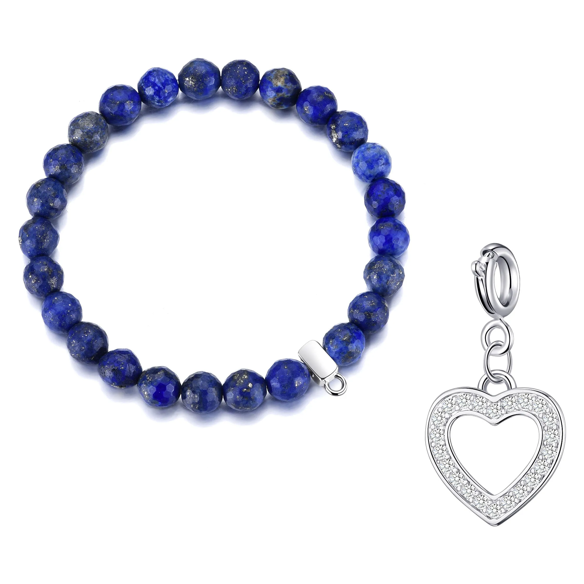 Faceted Lapis Gemstone Stretch Bracelet with Charm Created with Zircondia® Crystals