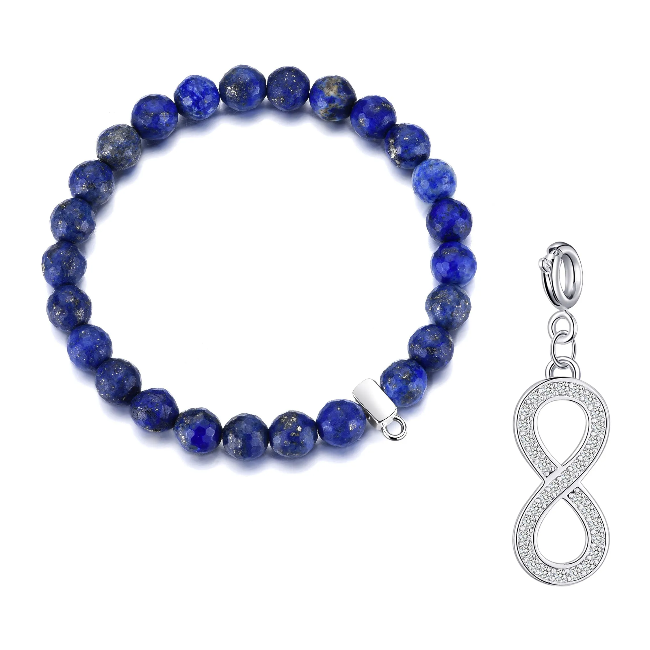 Faceted Lapis Gemstone Stretch Bracelet with Charm Created with Zircondia® Crystals