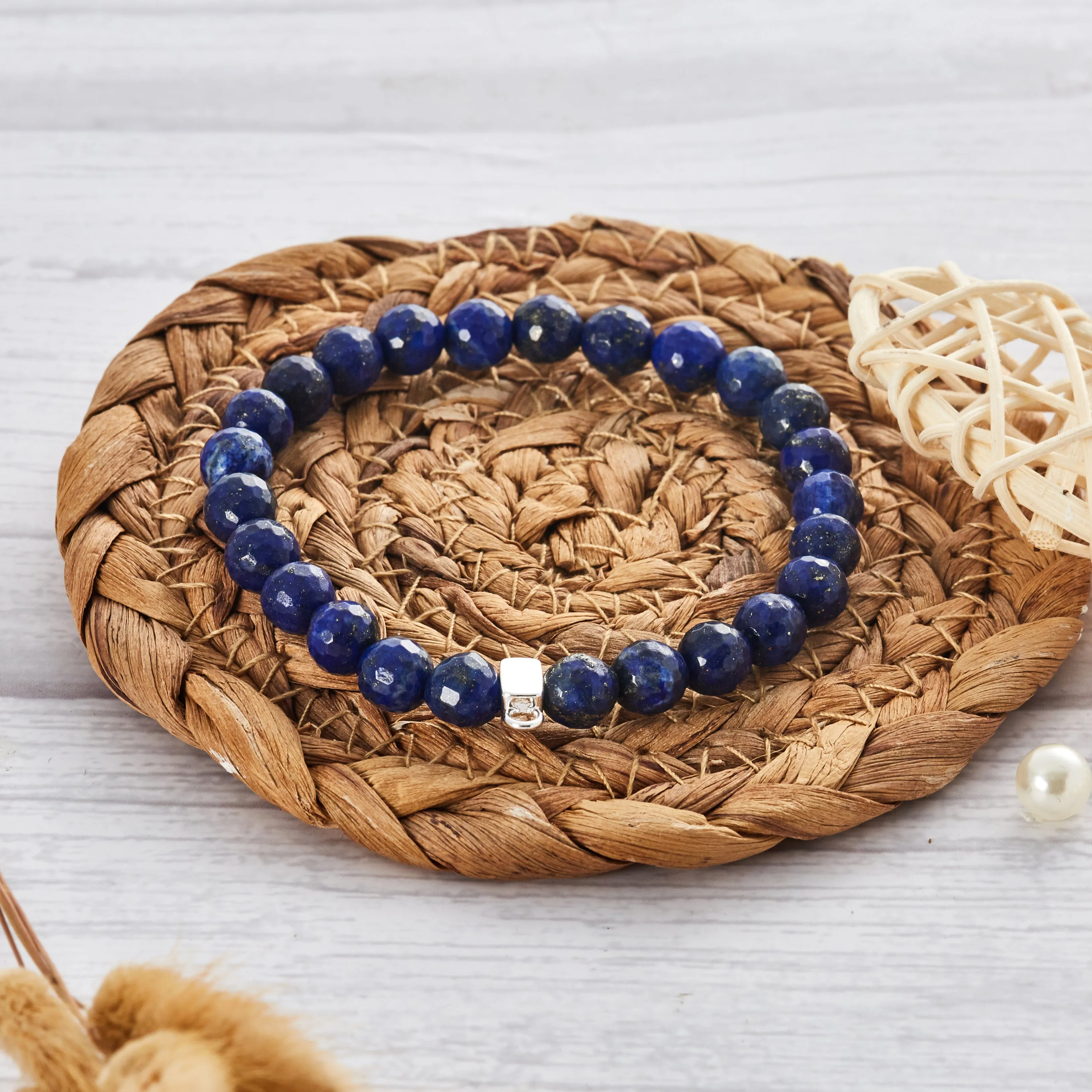 Faceted Lapis Gemstone Stretch Bracelet with Charm Created with Zircondia® Crystals