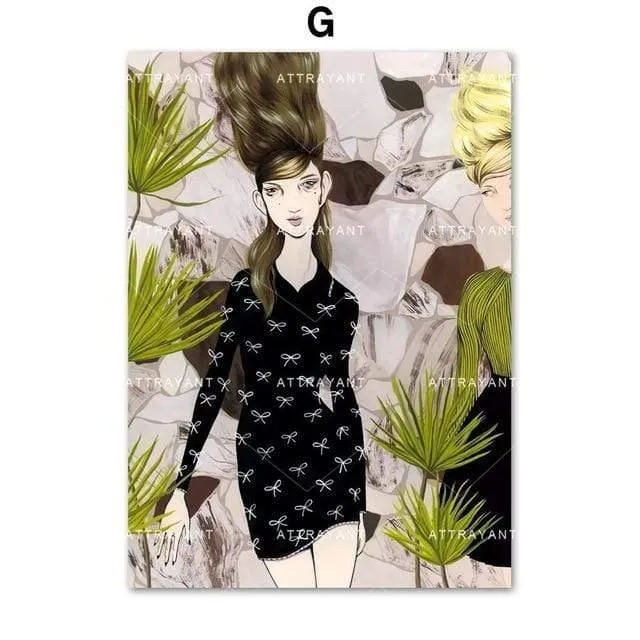 Hand Painted Nordic Poster Fashion Girl Monstera Leaf Wall Art