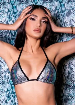 Hologram Triangle Bikini Top in Silver Snakeskin