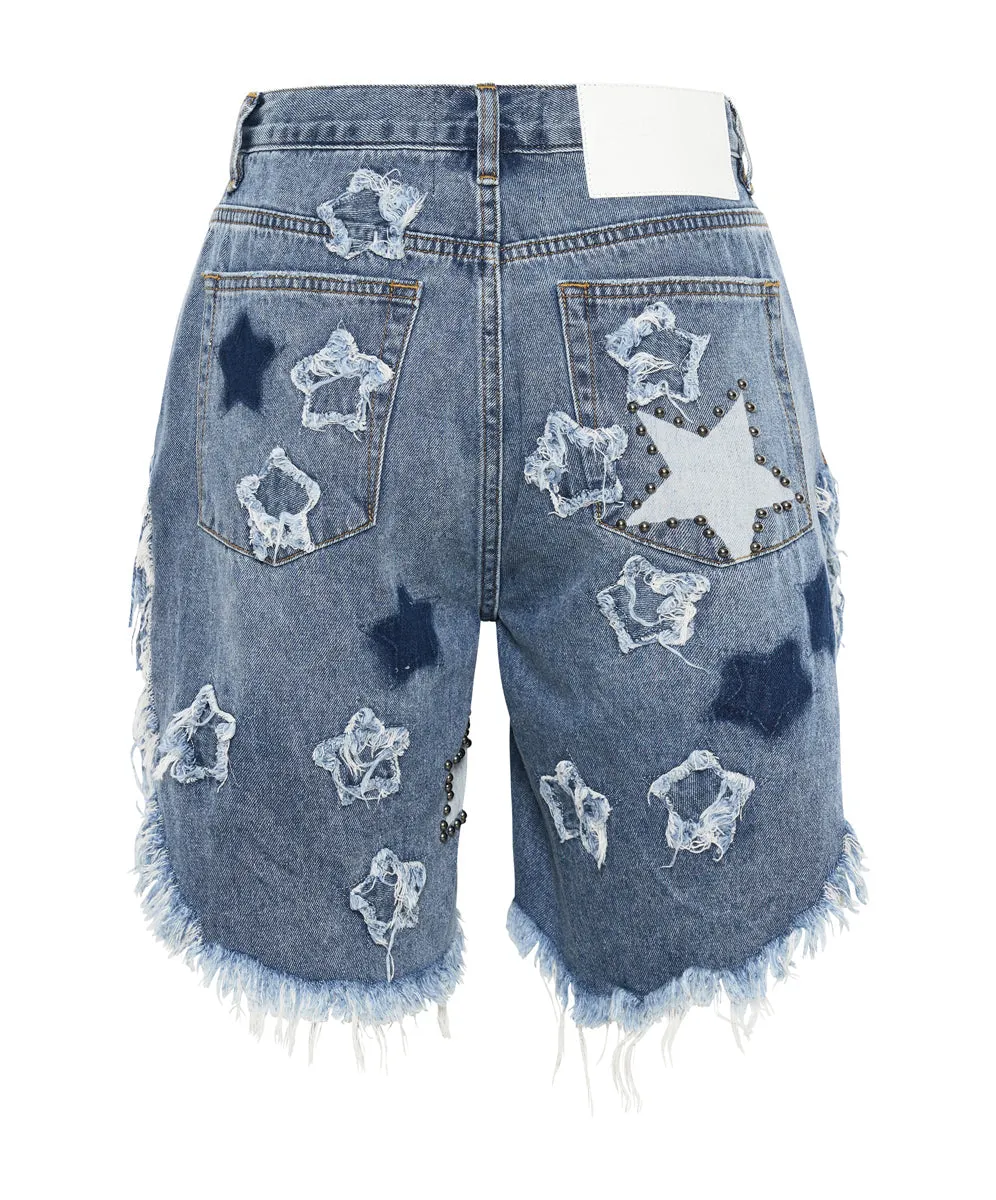 JOHNNY BLUE STAR HIGH WAIST FRANKIES LONG LENGTH DENIM SHORTS