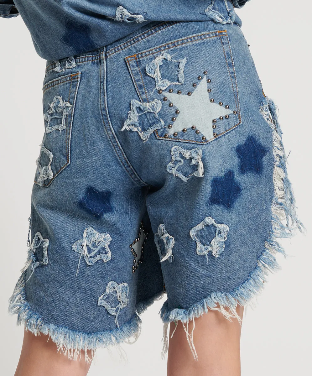 JOHNNY BLUE STAR HIGH WAIST FRANKIES LONG LENGTH DENIM SHORTS