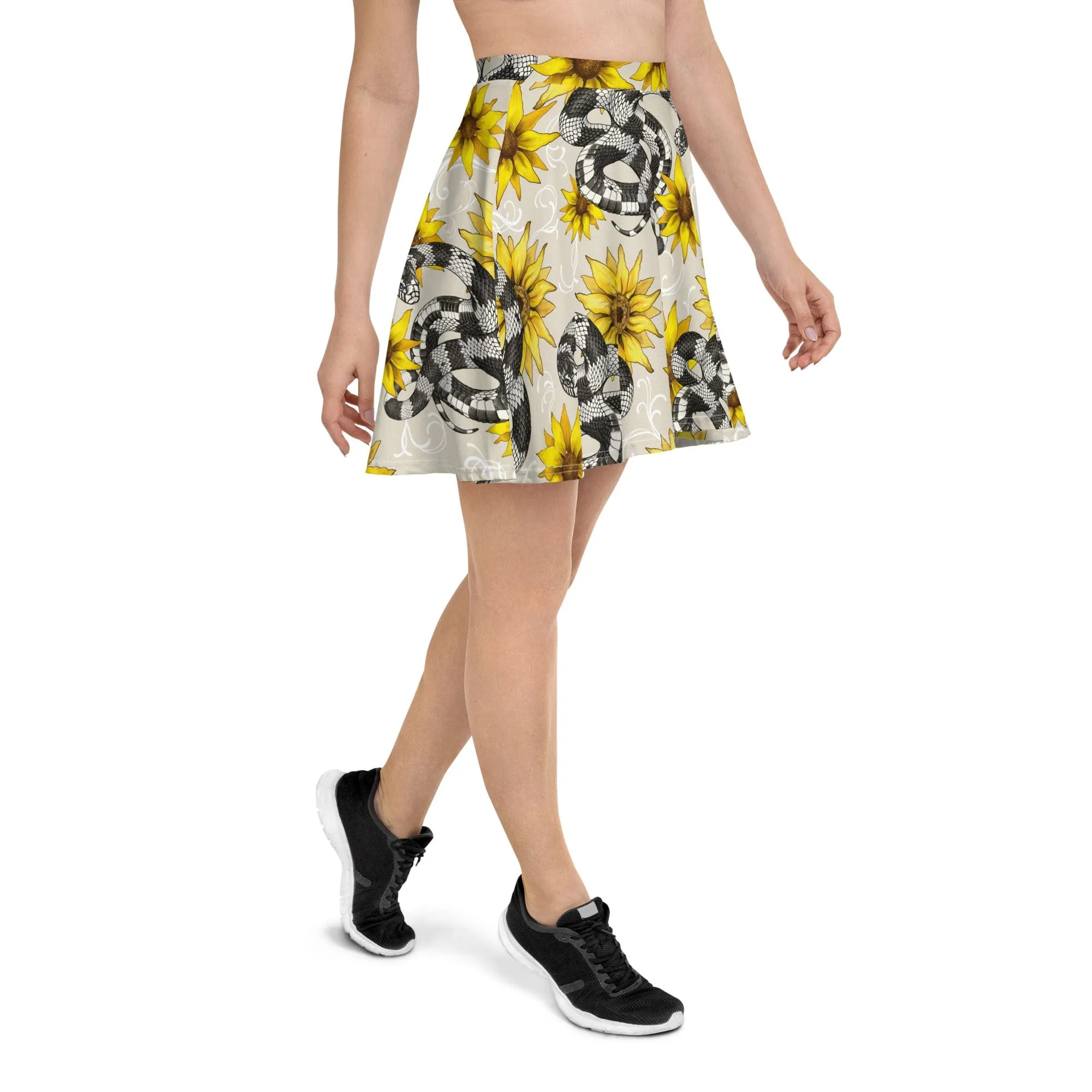 Kingsnake with Sunflowers Skater Skirt, Cute Snake Bottoms