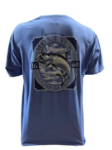 Men's Wild West Montauk The End Striped Bass Short Sleeve Tee Shirt in Blue