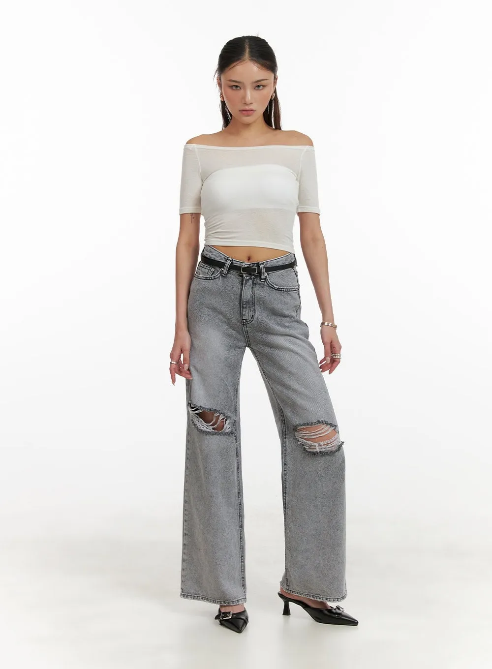 Ripped Loose Fit Bootcut Jeans CY402