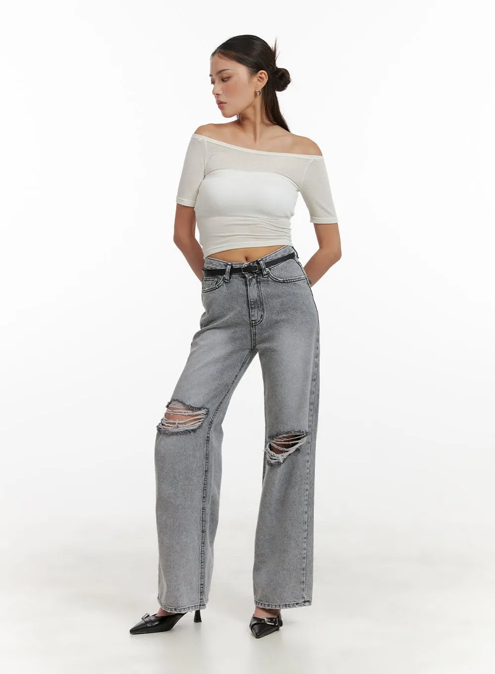 Ripped Loose Fit Bootcut Jeans CY402