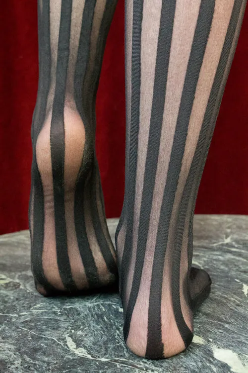 Sheer Vertical Striped Stockings with Lace