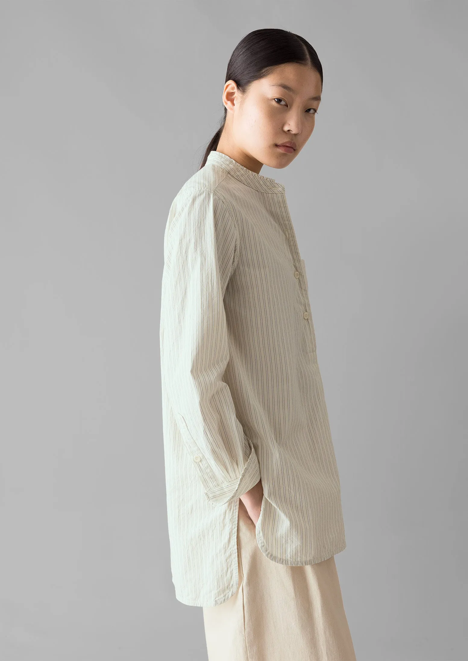 Taro Stripe Cotton Poplin Shirt | Ivory/Golden Olive