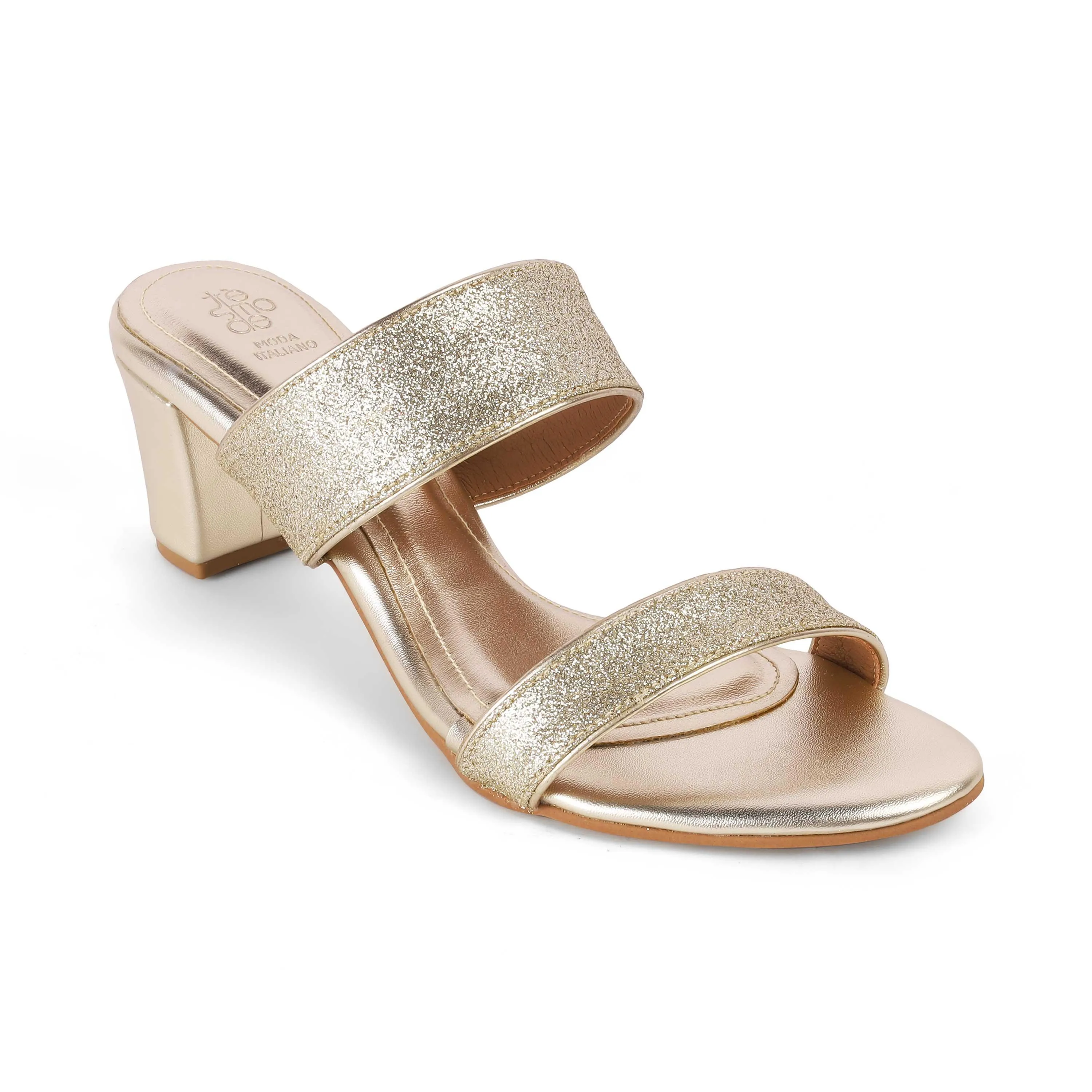 Tresmode Sheen Gold Women's Dress Block Heel Sandals