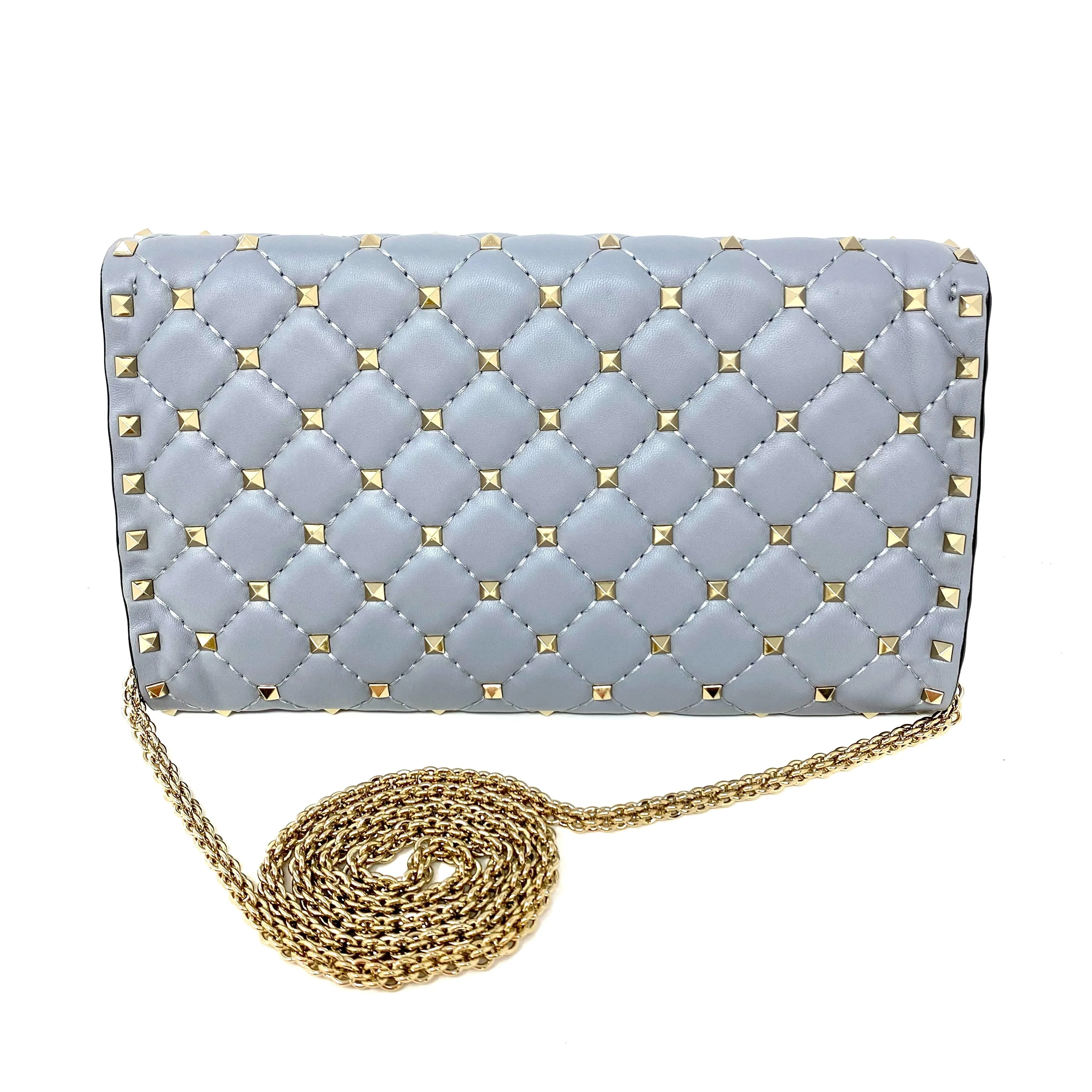 Valentino Garavani Gray Rockstud Spike Silver Leather Crossbody Clutch