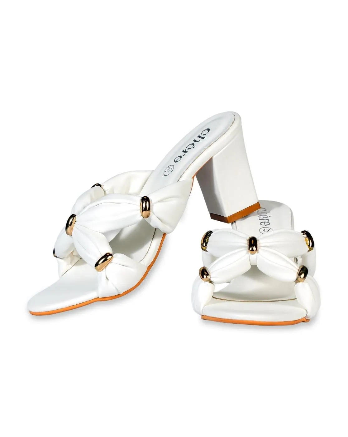 Women's White Intertwined Strap Block Heels