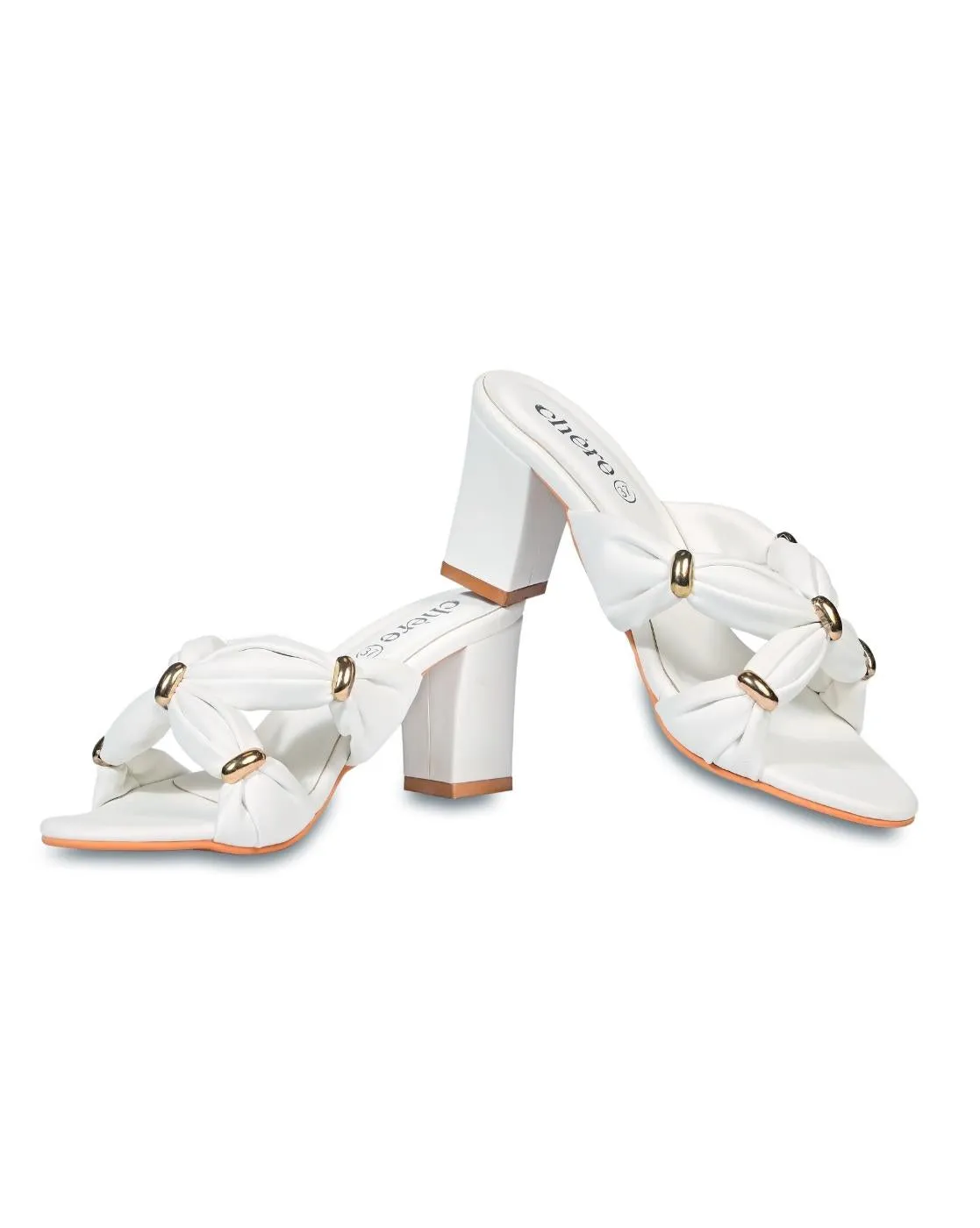 Women's White Intertwined Strap Block Heels